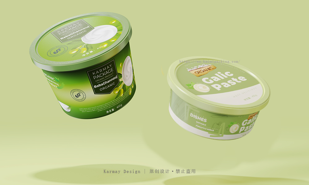 Custom food grade hummus plastic container, recyclable PP hummus packaging with exclusive logo and structure customization for brand retail.