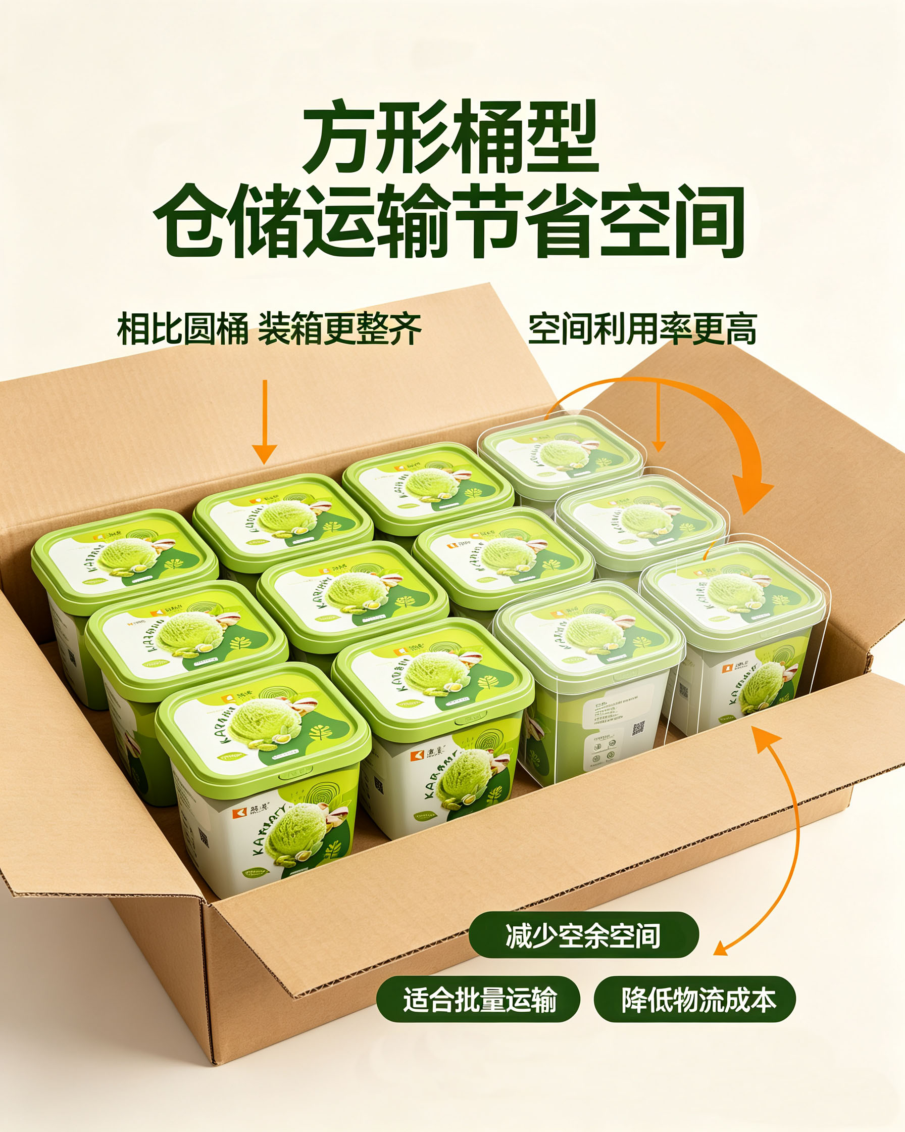 冰淇淋方桶堆叠,优化冷链仓储物流空间