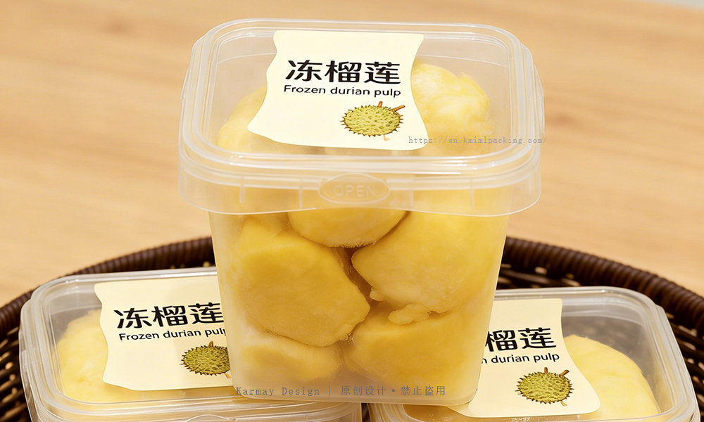 KARMAY tamper-evident plastic freezer container securely holding frozen durian, highlighting the intact safety seal and durability for extreme cold chain logistics in Southeast Asia.