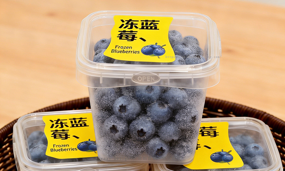 Close-up view of a KARMAY tamper-evident seal on a clear plastic freezer container, ensuring package integrity and consumer safety for premium frozen fruit exports.