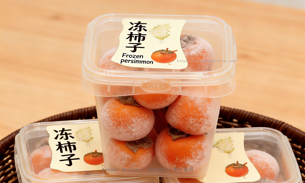 Efficiently stacked KARMAY 1L clear square containers filled with frozen persimmons and lychees, demonstrating space-saving design and organization for freezer storage and transport.