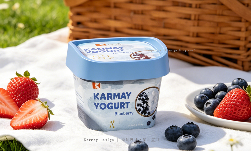 High-quality IML Greek yogurt cup packaging by Karmay, food-grade plastic material, customizable label, suitable for dairy brands.