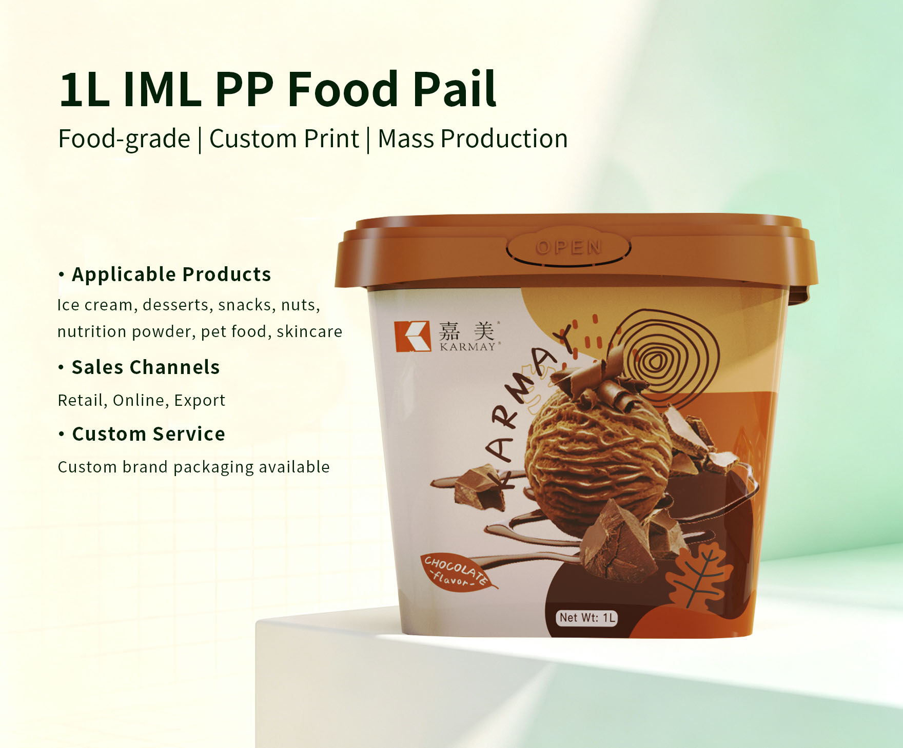 1L IML plastic tub poster for premium chocolate ice‑cream and frozen dessert packaging