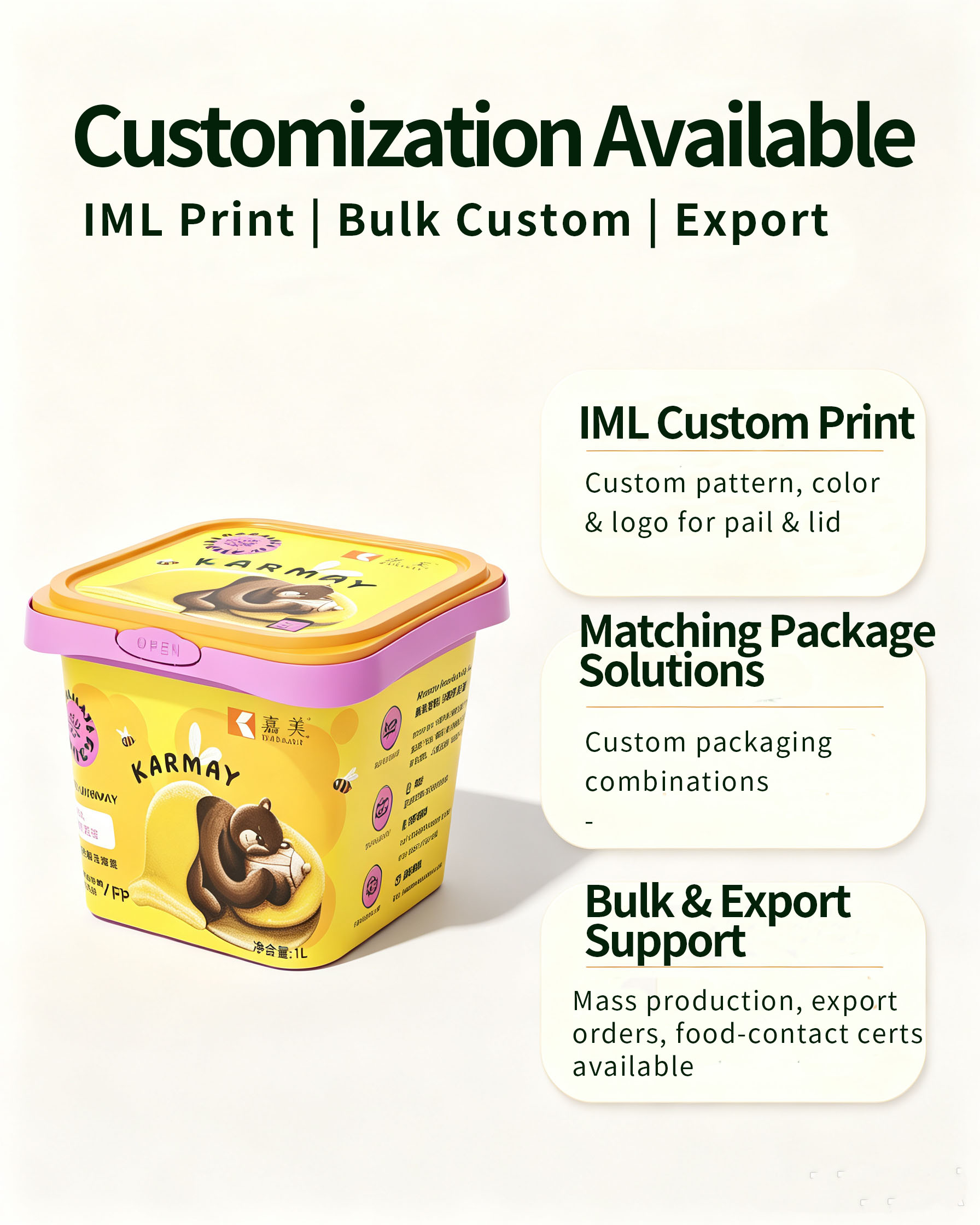 Custom IML printing service for branded ice‑cream plastic tub, frozen food packaging solution