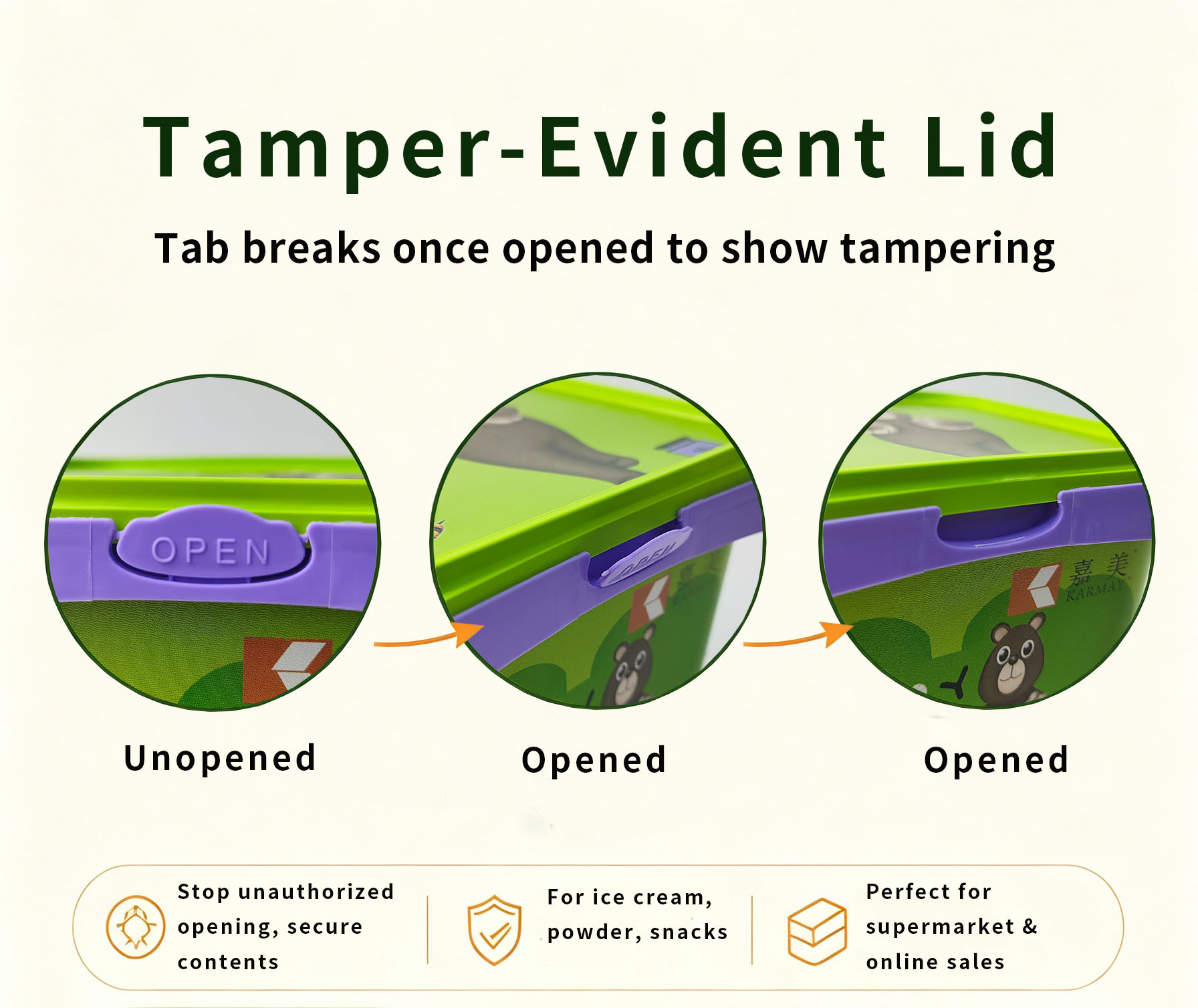 Tamper‑evident lid tab structure demonstration for retail ice‑cream plastic tub